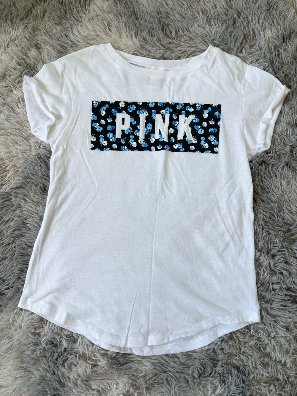 PINK Victoria's Secret White Tee with Blue Floral Logo Box